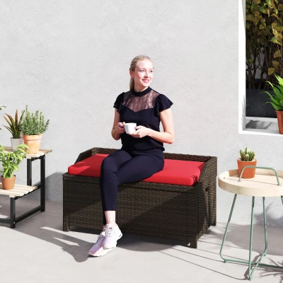 Outsunny Outdoor Wicker Storage Bench with Cushion, Red