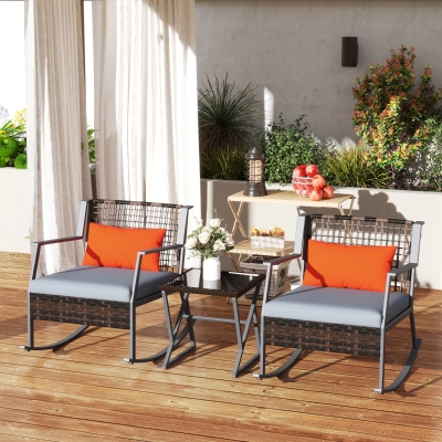Outsunny 3 Pieces Rocking Bistro Set, Wicker Patio Furniture Set with Cushions and Glass Table for Porch, Balcony, Grey