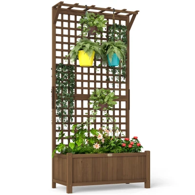 Outsunny Wood Planter with Trellis for Vine Climbing, Raised Garden Bed, Privacy Screen for Backyard, Patio, Deck, Coffee