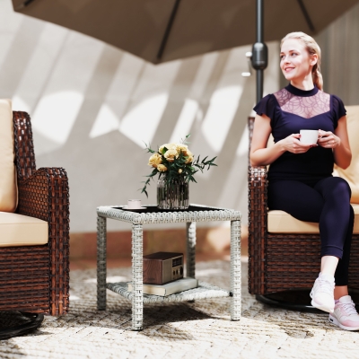 Outsunny 19" Outdoor Wicker Coffee Table with Glass Top, Storage Shelf for Garden Porch Balcony Deck, Dark Grey