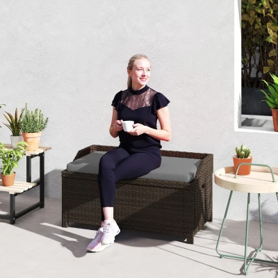 Outsunny Outdoor Wicker Storage Bench with Cushion, Gray