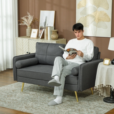 HOMCOM 56" Loveseat Sofa for Bedroom Upholstered 2 Seater Couch with Back Cushions and Pillows, Dark Grey