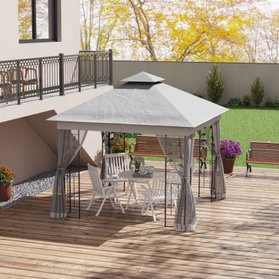 Outsunny 10'x10' Soft-top Steel Patio Gazebo Outdoor Sun Shelter with 2-Tier Polyester Roof, Curtain Sidewalls, Light Grey