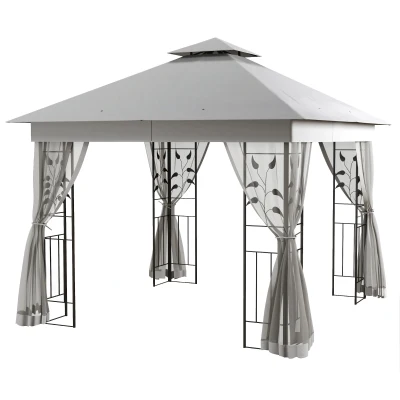 Outsunny 10'x10' Soft-top Steel Patio Gazebo Outdoor Sun Shelter with 2-Tier Polyester Roof, Curtain Sidewalls, Light Grey