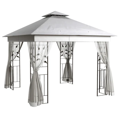 Outsunny 10'x10' Soft-top Steel Patio Gazebo Outdoor Sun Shelter with 2-Tier Polyester Roof, Curtain Sidewalls, Light Grey