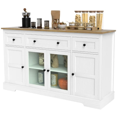 HOMCOM Sideboard Buffet Cabinet with Storage, Coffee Bar Cabinet with Glass Doors and Adjustable Shelves, Distressed White