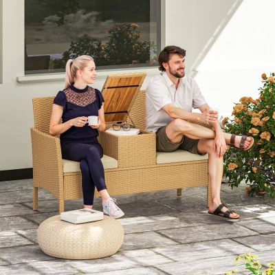 Outsunny Wicker Loveseat Patio Sofa with Flip Top Table, Khaki