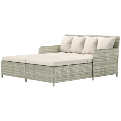 Outsunny Rattan Outdoor Daybed, Sunbed Loveseat with Soft Cushions, 4 Pillows, Curved Backrest & Armrest, Beige