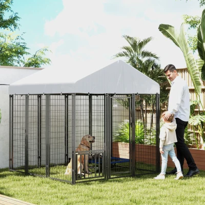 PawHut 5.9' Outdoor Dog Kennel with Roof & Adjustable Bowls