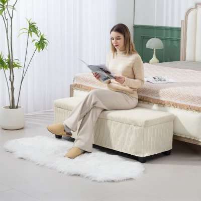 HOMCOM 47" Corduroy Storage Ottoman Bench with Legs, Beige