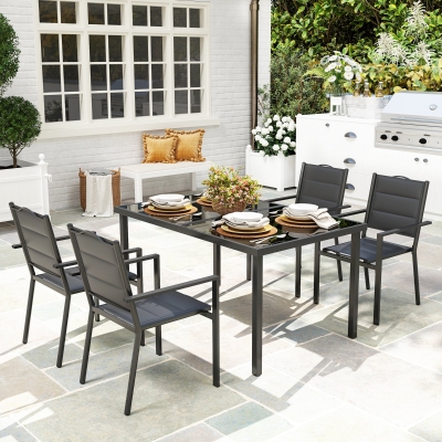 Outsunny 5 Piece Outdoor Dining Set w/ 4 Stackable Chairs, Rectangle Table, Tempered Glass Top, Steel Frame, Black