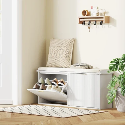 HOMCOM Shoe Storage Bench with Cushion and Flip-Drawer, White