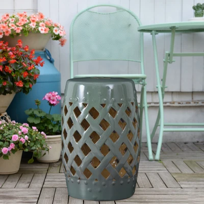 Outsunny 13" Ceramic Garden Stool, Woven Lattice Design, Green