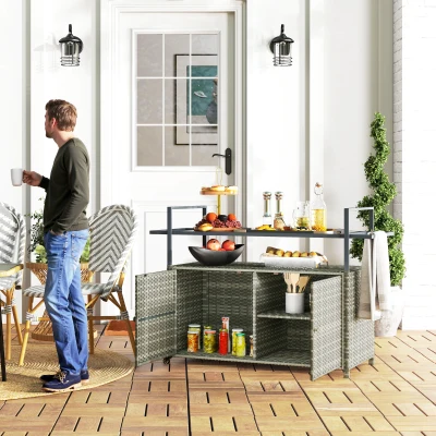 Outsunny PE Rattan Outdoor Bar Table with Glass Top & Cabinet, Gray