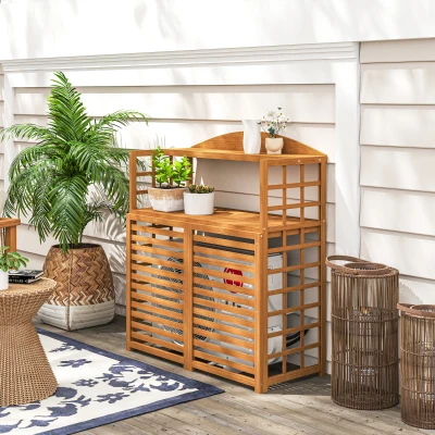 Outsunny Wood AC Fence Privacy Screen with Shelves, Light Brown