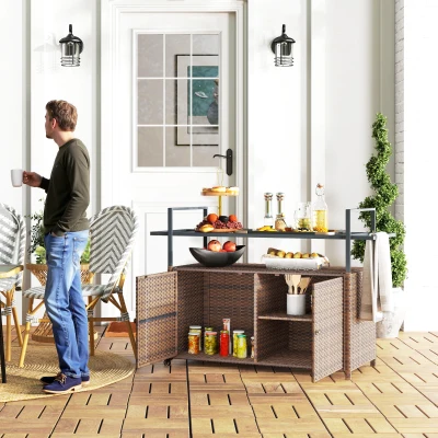 Outsunny 2-Tier PE Rattan Outdoor Bar Table with Cabinet, Brown