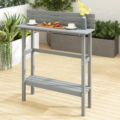 Outsunny 110cm Rectangle Outdoor Bar Table with Built-in Footrest, Slatted Top, Grey