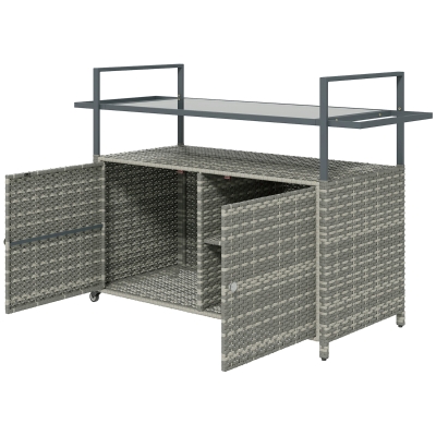 Outsunny PE Rattan Outdoor Bar Table with Glass Top & Cabinet, Gray