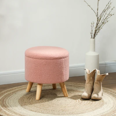 HOMCOM Round Ottoman Stool with Storage and Wood Legs, Pink