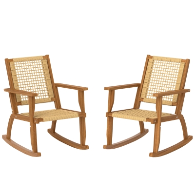 Outsunny Set of 2 Acacia Wood Patio Rocking Chairs, Wicker Seat, Khaki