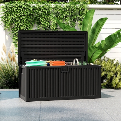 Outsunny 136 Gallon Deck Box, Fluted Outdoor Storage Box with Gas Struts, Waterproof Storage Container for Garden Tools, Black