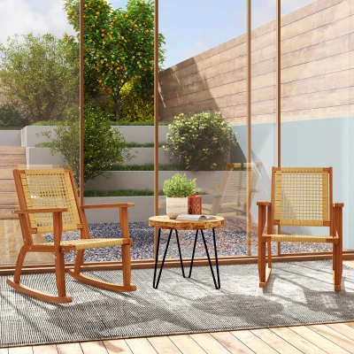 Outsunny Set of 2 Acacia Wood Patio Rocking Chairs, Wicker Seat, Khaki