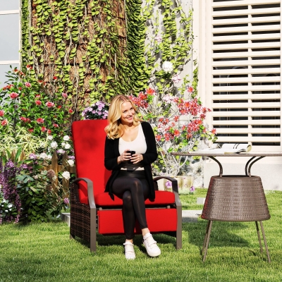 Outsunny Outdoor Rattan Recliner Chair, Wicker Reclining Chair with Adjustable Back Retractable Footrest Cushion Wine Red