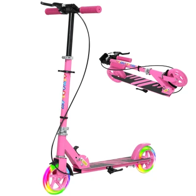 Qaba Scooter for Kids Ages 3-8 with Light Up Wheels, Adjustable Handlebar, Rear Brake & Handbrake for Girls and Boys, Pink