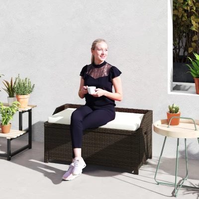 Outsunny Wicker Outdoor Storage Bench with Cushion, Cream White