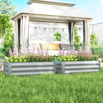 Outsunny Set of 2 Galvanized Raised Beds for Garden, Outdoor Planter Box for Flowers, Herbs and Vegetables, Light Grey