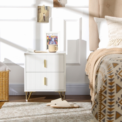 HOMCOM Bedside Table, Modern Nightstand with 2 Drawers, Side End Table with Metal Legs for Living Room, Bedroom, White