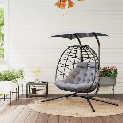 Outsunny Double Wicker Egg Swing Chair with Canopy, Foldable Hanging Egg Chair with Stand Cushion Headrest, Black