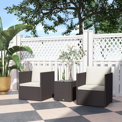 Outsunny 3 Piece Patio Set with Cushions & Glass Table, Brown