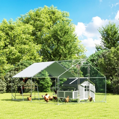 PawHut Metal Chicken Coop Run w/ Waterproof Cover, Nesting Box, Roosting Bars, for Outdoor Backyard, 9.8 x 13.1 x 6.4 ft
