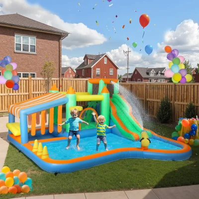 Qaba Inflatable Bounce House Water Slide with Blower, 8-in-1, 3-8 Years
