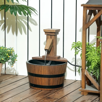 Outsunny Outdoor Waterfall Fountain, Garden Wood Barrel, Carbonized