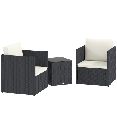 Outsunny 3 Piece Patio Set with Cushions & Glass Table, Black