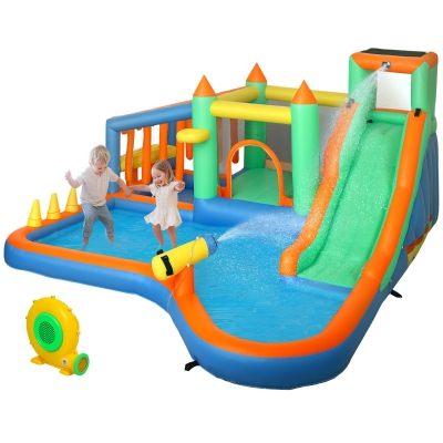Qaba Inflatable Bounce House Water Slide with Blower, 8-in-1, 3-8 Years