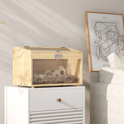 PawHut 22"L Hamster Cage with Openable Top & Acrylic Windows, Small Animal Cage with Hut, Seesaw, Ladder, Natural Wood