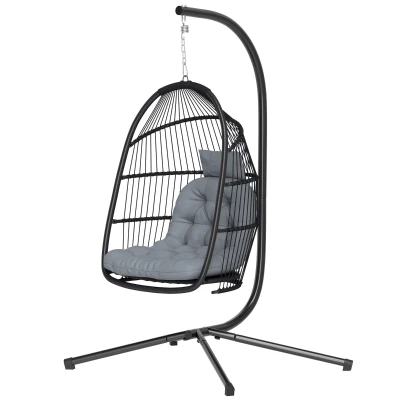 Outsunny Wicker Egg Swing Chair with Stand, Foldable Hanging Egg Chair with UV Resistant Cushion, Headrest, Dark Grey