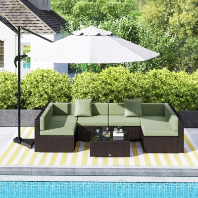 Outsunny 7 Pieces Outdoor Rattan Furniture Set, Patio Wicker Sectional Conversation Sofa Set, Light Green