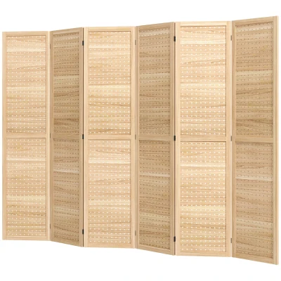 HOMCOM 5.6 Ft. Tall 6-Panel Room Divider, Pegboard Panel Freestanding Folding Privacy Screen Panels, Partition Wall Divider for Indoor Bedroom Office, Natural
