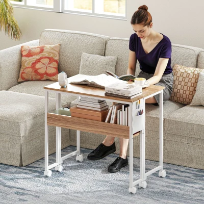 HOMCOM Folding Computer Desk with Storage Bag & Wheels, Natural Wood