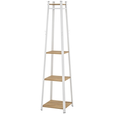 HOMCOM Clothes Rack with Storage, Garment Rack with 8 Hooks and 3-Tier Shelf, Clothes Stand for Bedroom, Entryway, Oak