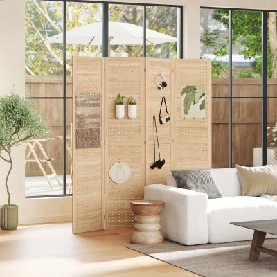 HOMCOM 4 Panel Folding Room Divider with Hooks, Natural