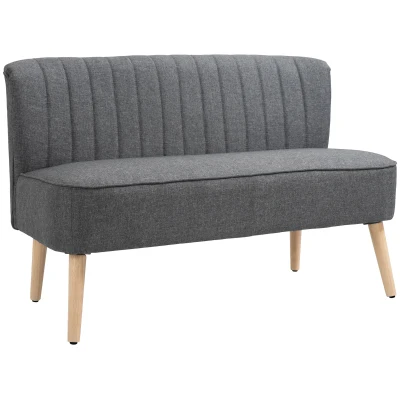 HOMCOM Modern 2 Seat Sofa for Bedroom, Upholstered Two Seater Couch with Rubber Wood Legs, Light Grey