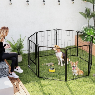 PawHut 31.5" Dog Playpen Indoor Outdoor, Portable Foldable 8 Panels Pet Playpen with Door & Strap for Medium Dogs