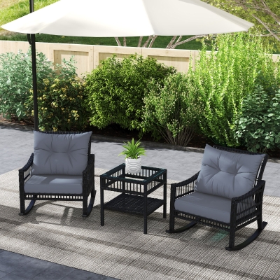Outsunny 3 Pieces Outdoor PE Rattan Rocker Chair Set, Rocking Chair with Tempered Glass Table Top,25"x26"x28", Grey