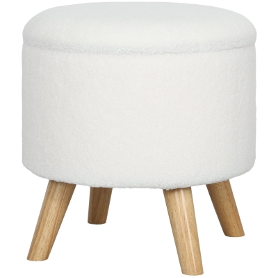 HOMCOM Round Linen Storage Ottoman Stool with Wood Legs, White