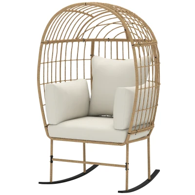 Outsunny Oversized Rocking Chair, Indoor Outdoor Egg Chair w/ Thickened Cushions, Wicker Patio Lounger for Porch, Balcony, Beige